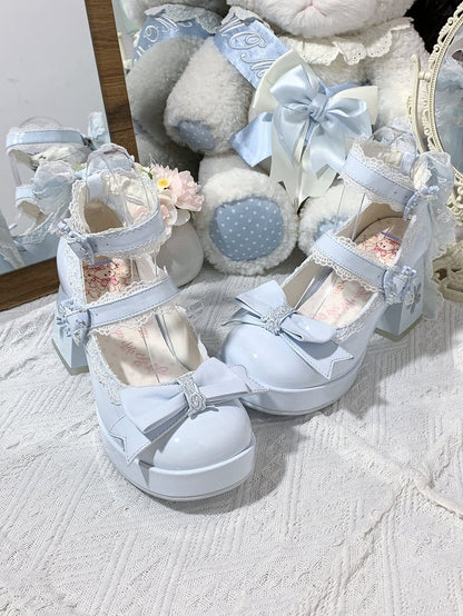 with Design Romantic Clasp in High Heels PU Openwork Lolita Sweet Floral Block Blue Heel