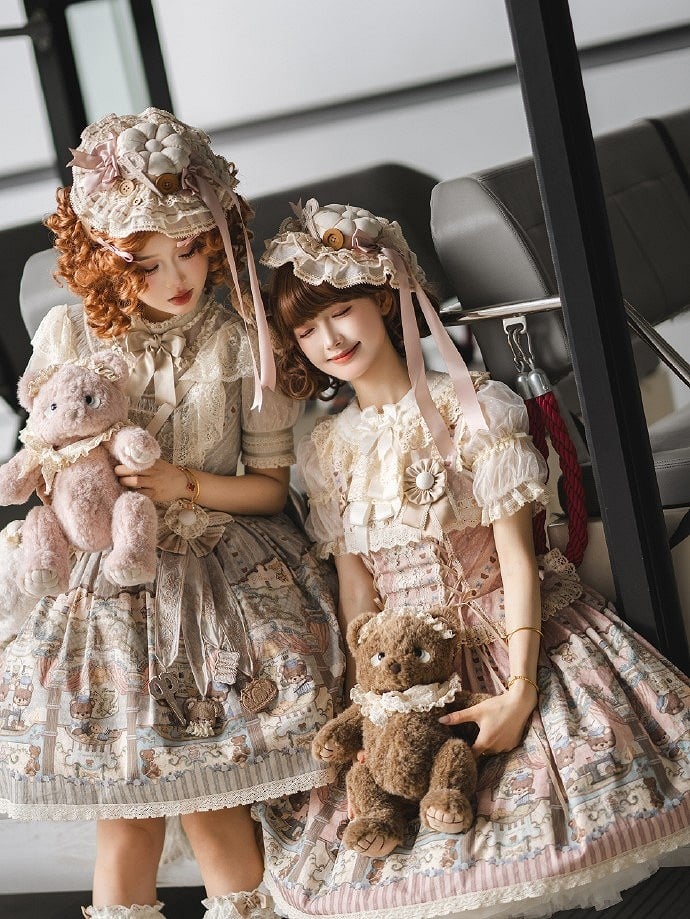 Printed Beige with Corset Square Lolita Sweet Dress Neckline Bear Lacing Pink