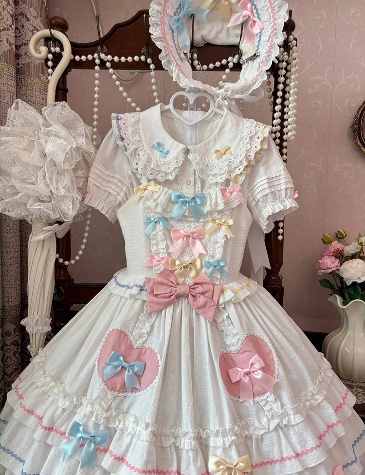 Macaron Farbe Bowknots Weiß JSK Ärmeln Tiered Sweet Lolita Kleid Flatterrock