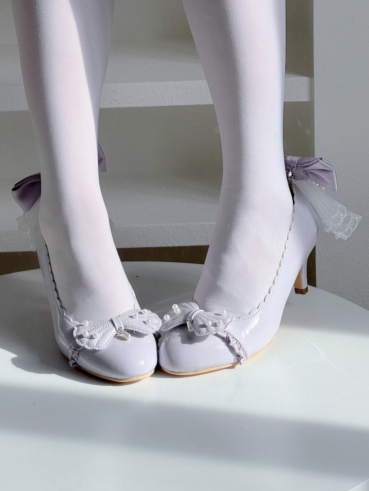 Purple Beaded Motif Mid-heel Elegant - Bow with Lolita Shell Scalloped Hem Pumps Ruffle Trim