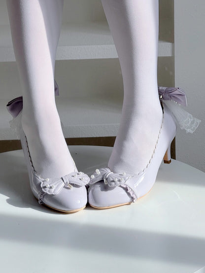 Purple Beaded Motif Mid-heel Elegant - Bow with Lolita Shell Scalloped Hem Pumps Ruffle Trim