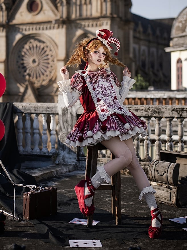Clowncore Dress KC Printed Waist Lolita Detachable Belt Set Bow - Juliette Panel Red Sleeves + Stripes OP