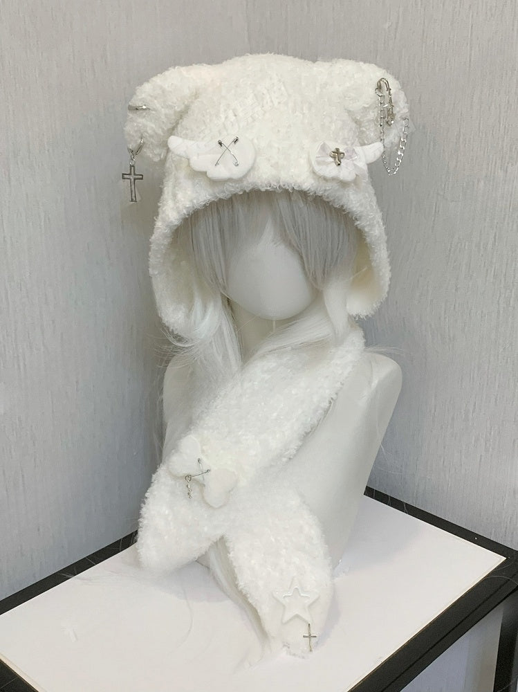 Black/White Wing Cross Bear Ear Plush Hat and Bone Plushie Scarf