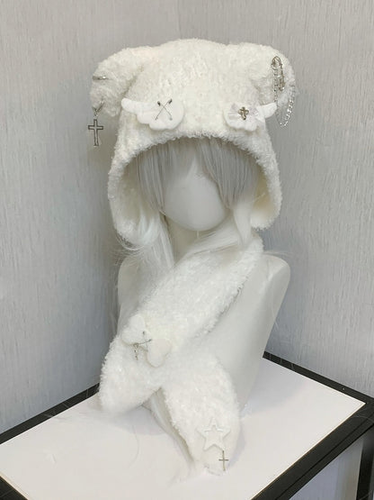 Black/White Wing Cross Bear Ear Plush Hat and Bone Plushie Scarf