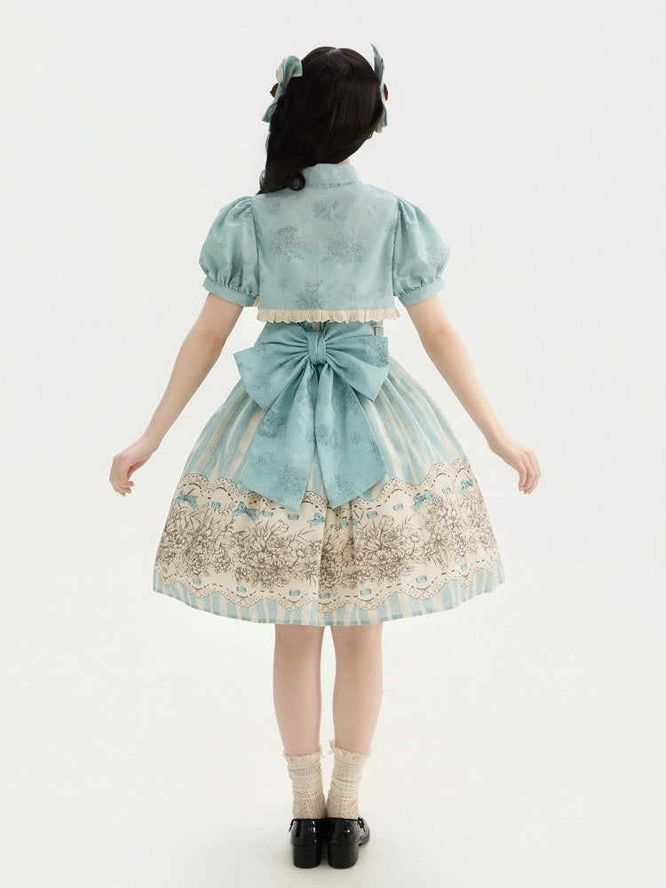 Clock Print and Short Blue Version Lolita Classic Floral Skirt Jumper