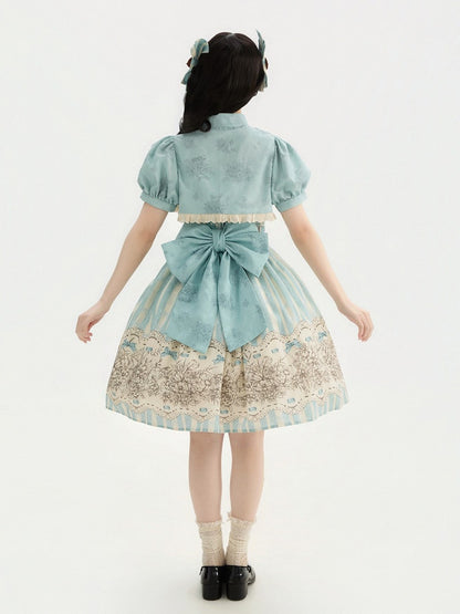 Clock Print and Short Blue Version Lolita Classic Floral Skirt Jumper