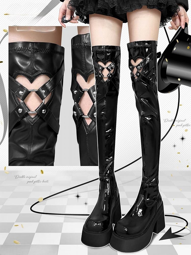 Polierte schwarze Gothic Overknee-Stiefel mit herzförmigem Cutout-Detail