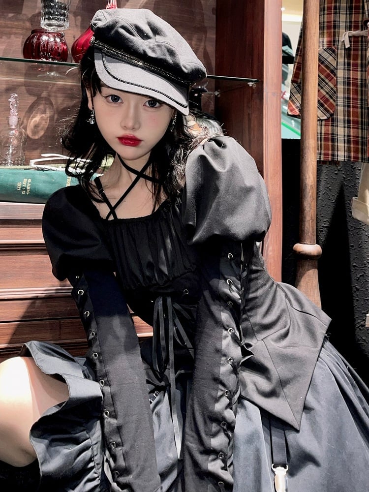Black Punk Halter Long Sleeve Drawstring Lolita Top with Skirt Set - NanaRiot