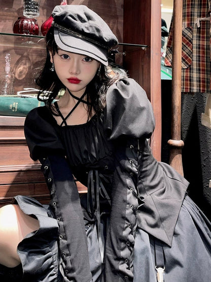 Black Punk Halter Long Sleeve Drawstring Lolita Top with Skirt Set - NanaRiot