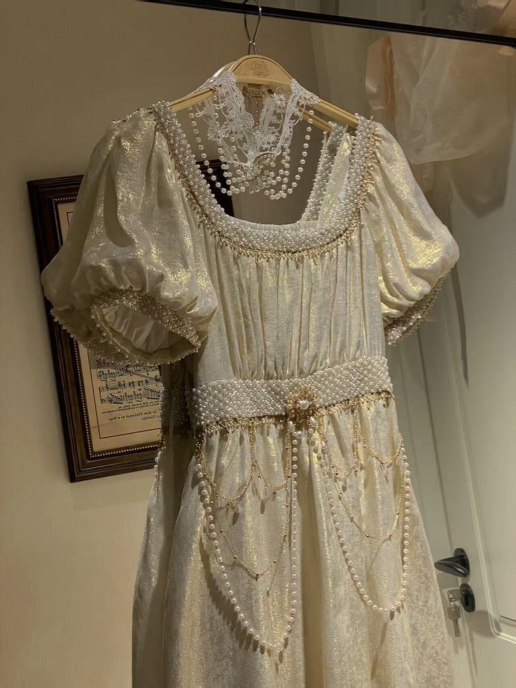 Champagne Empire Waist Lolita OP Dress with Beadwork - Qian Mu