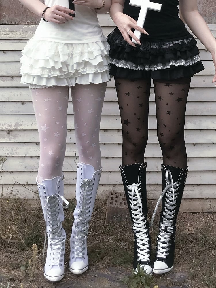 Tiered Cross Skort Gothic Black/White Elastic Waist Lace Trim Bloomers