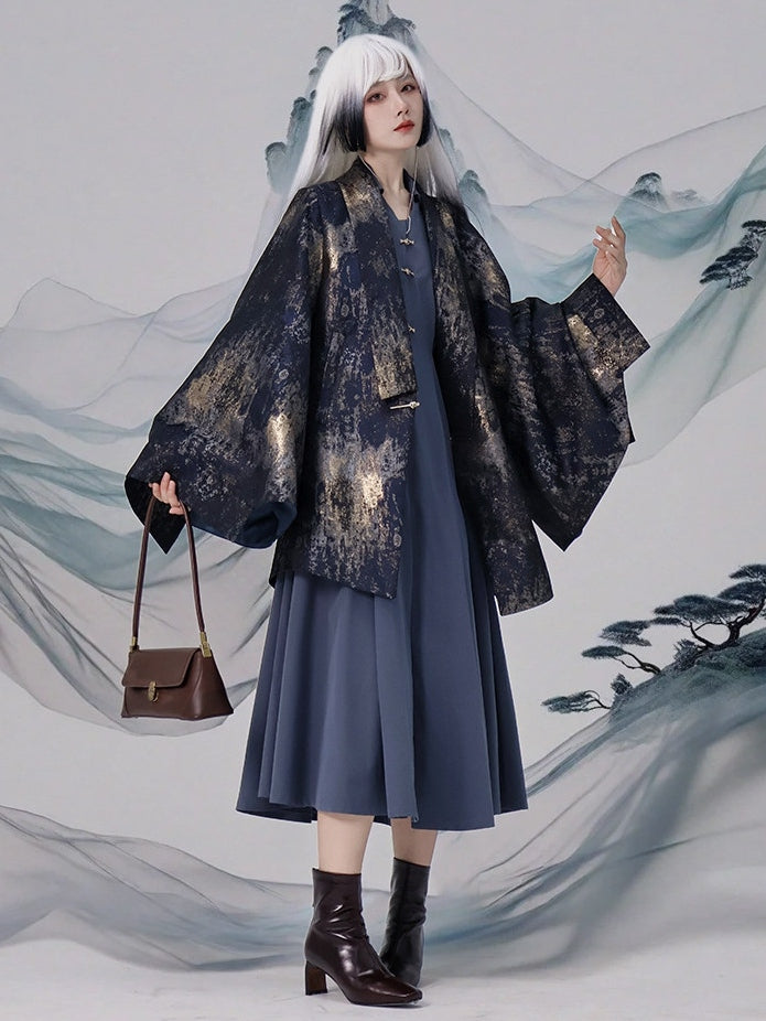 Vent Golden Button Back Unisex Cuffs Chinese Blazer Snap Single Design Style - Navy Blue