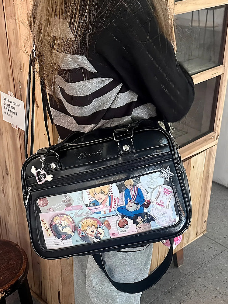 Leder Uniform Style Ita Transparent-Fenster Schwarze Tasche PU JK