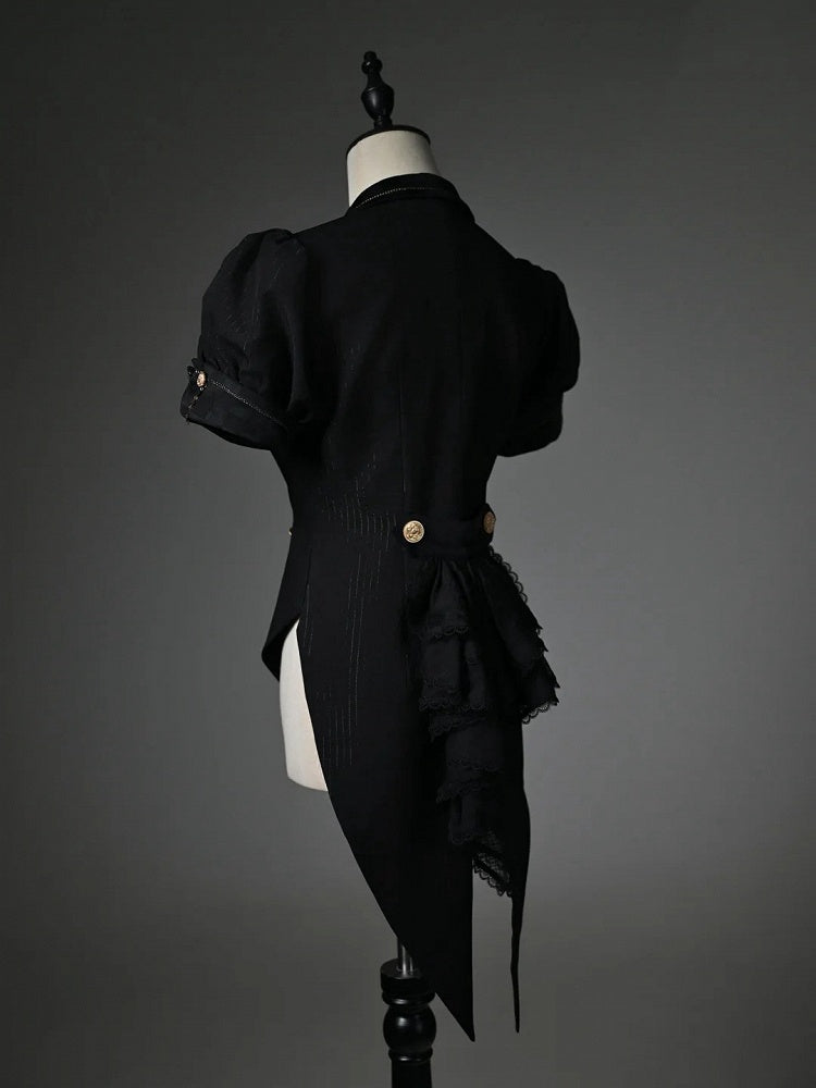 Black Blazer Collar Short Puff Sleeve Split-Tail Top