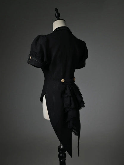 Black Blazer Collar Short Puff Sleeve Split-Tail Top