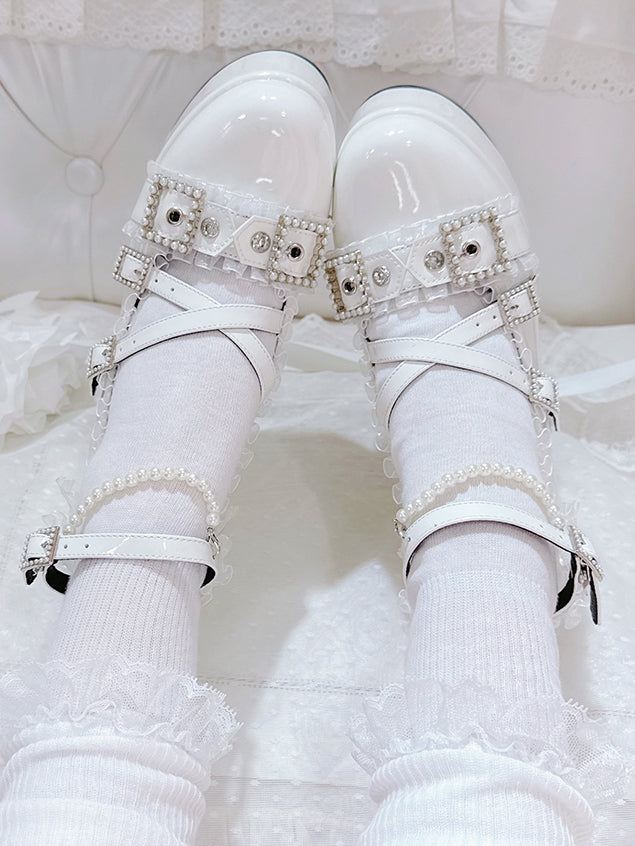 Jirai Shoes Platform Beads Accent White Bow Ruffled Buckles at Kei Top Lace High-heel