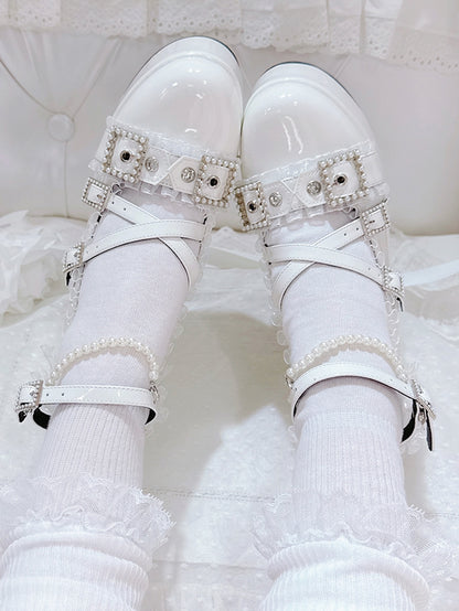 Jirai Shoes Platform Beads Accent White Bow Ruffled Buckles at Kei Top Lace High-heel