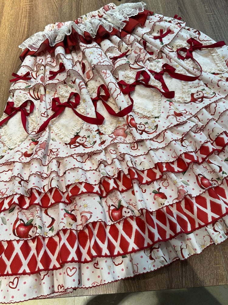 Cottagecore Red Apple Sleeveless Top Ruffle Bow Skirt Belt Set - A small milk candy