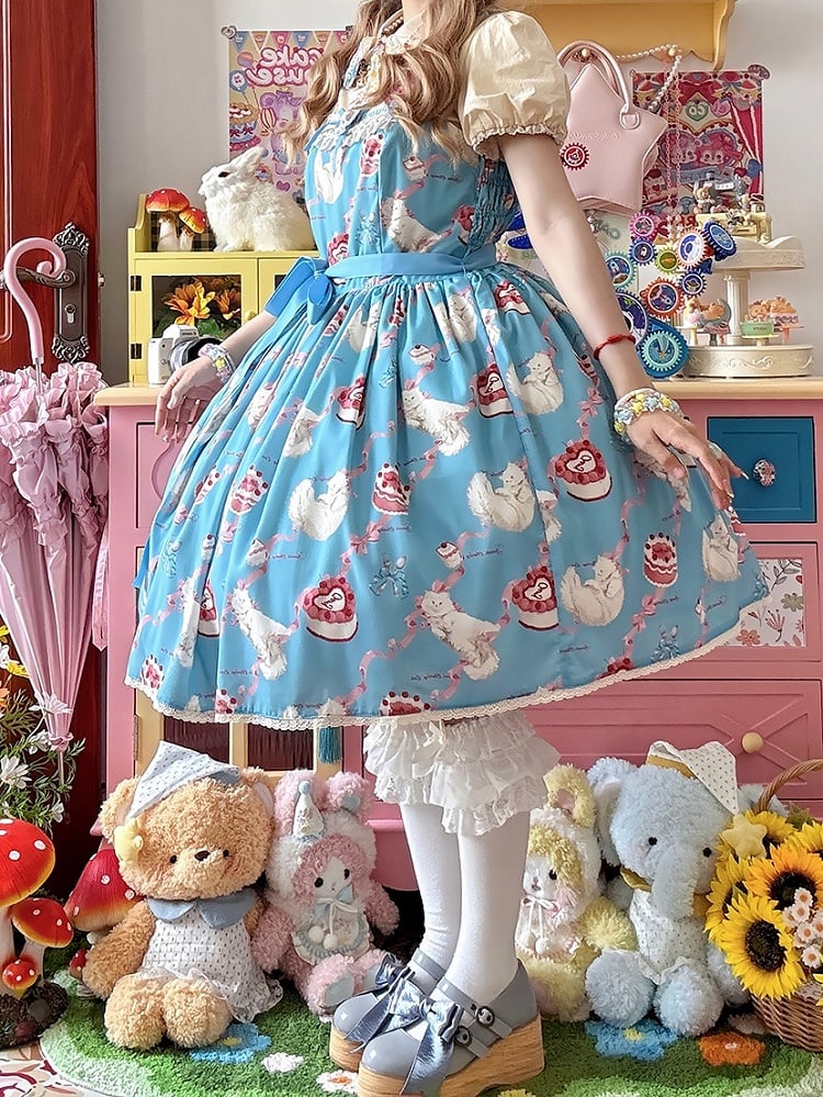 Kleid Print Rock süße Lolita Jumper Showa flauschige Kätzchen blau süß