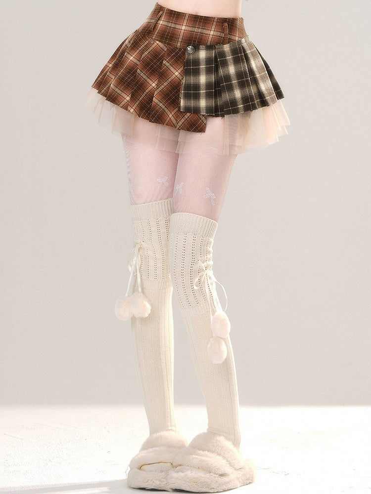 ブラウンプリーツミニチェック柄パッチワークスカートデザインメッシュ
