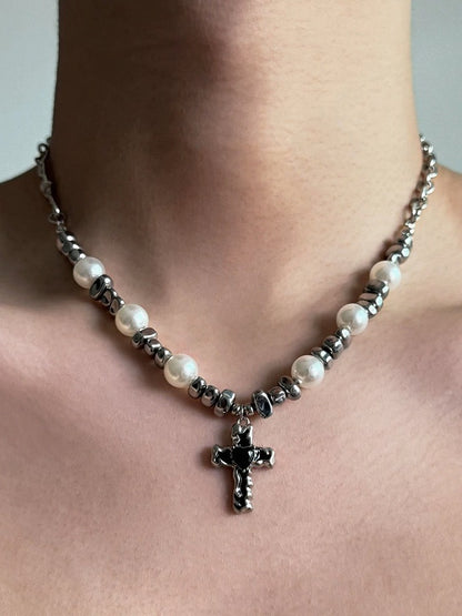 Silver Cross Pearl Pendant Necklace - YSHXS