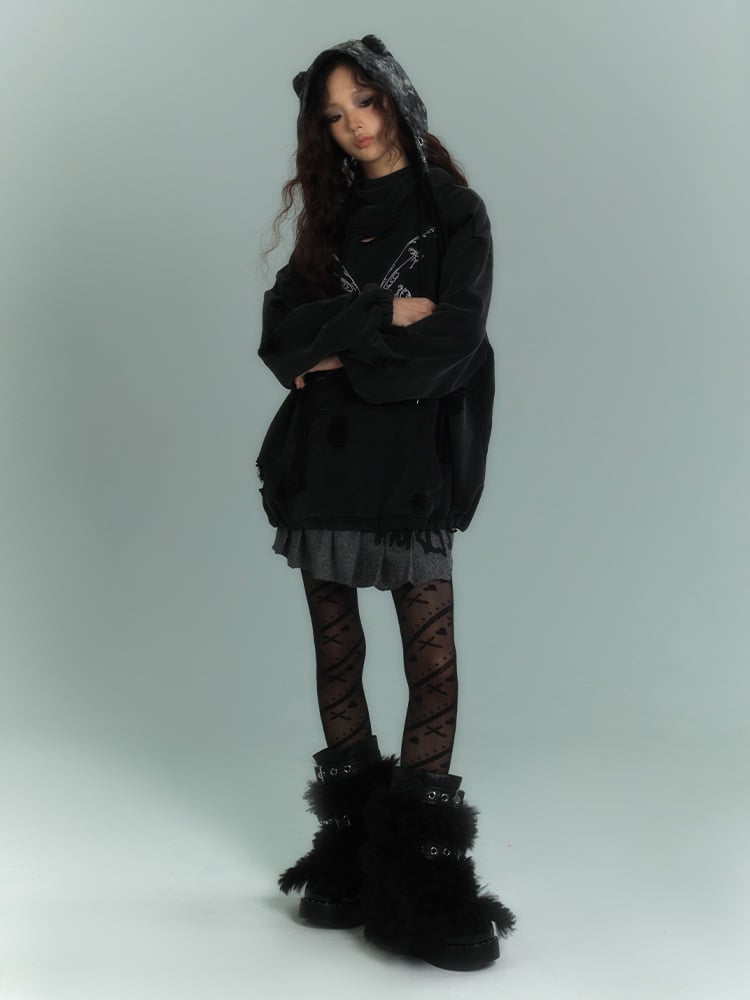 バタフライ ブラック ディストレスト ホールズ パンク パーカー