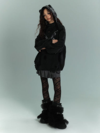 バタフライ ブラック ディストレスト ホールズ パンク パーカー