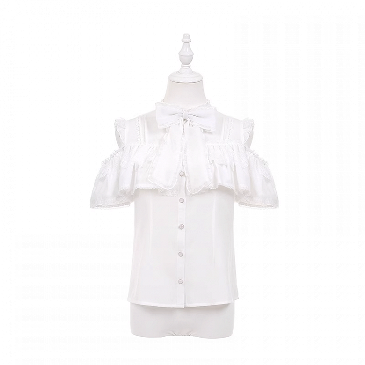 リボンホワイトオープンショルダービッグネックラインシフォンブラウス