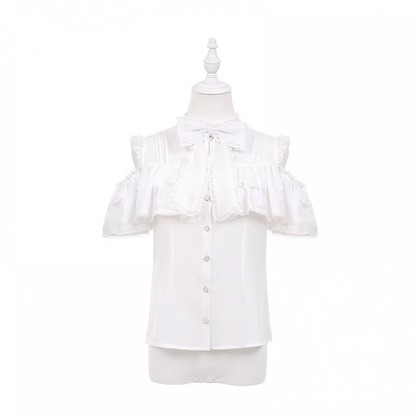 リボンホワイトオープンショルダービッグネックラインシフォンブラウス