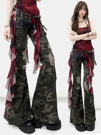 Holes Flare Jeans Camo Green Silhouette Details Pattern Distressed Army