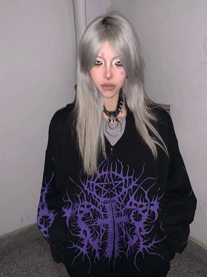Gothic with Cross Hoodie Black Zip-Up Print Purple