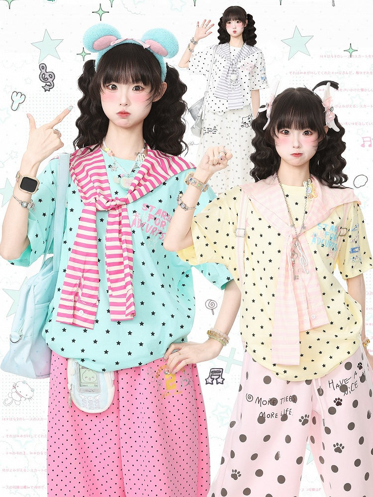 White Star Print Tee with Stripe Shawl and Hairclip - Languid Park