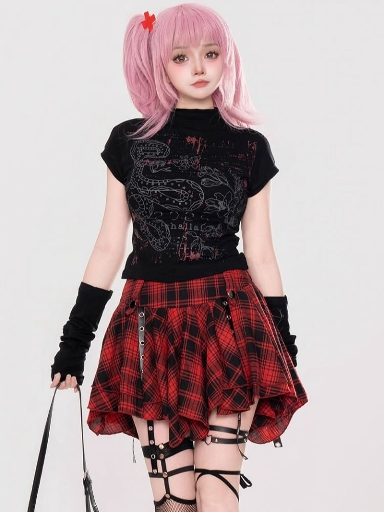 エッジの効いたY2Kカワイイスネーク柄ブラック/ライトグレーTシャツ（袖取り外し可能）