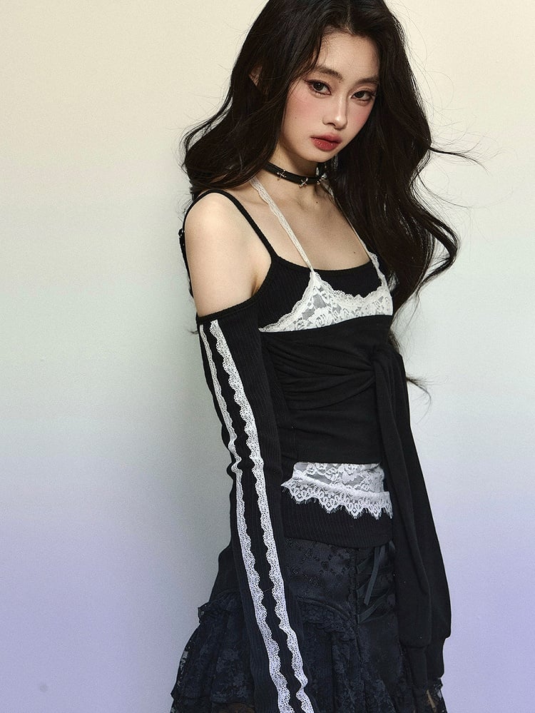 Schwarzes Neckholder-Oberteil mit langen Ärmeln und auffälligem Bindeakzent