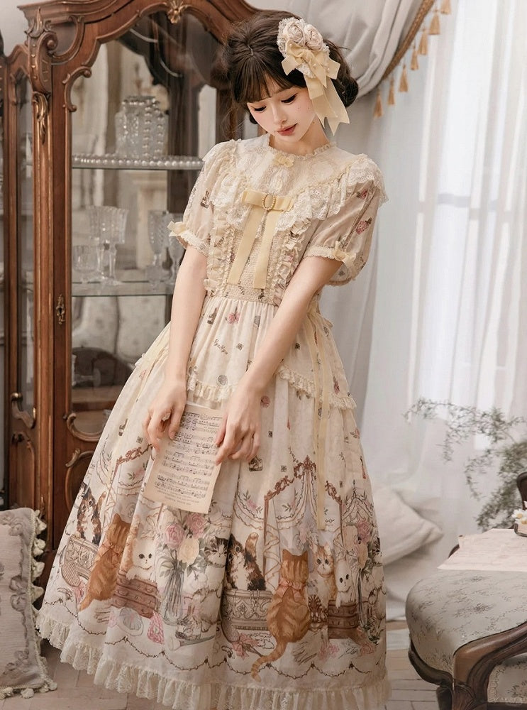 Beige Cat Print Round Neck Sweet Lolita Dress with Lace Trim - NyaNya