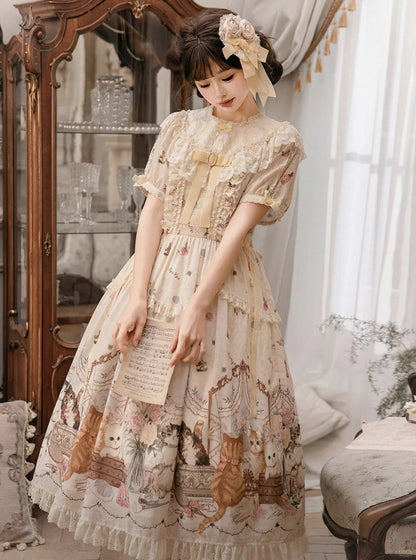 Beige Cat Print Round Neck Sweet Lolita Dress with Lace Trim - NyaNya