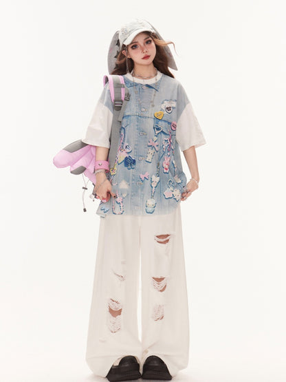 Summer Loose Design T-Shirt Blue Colorblock Denim Top Print