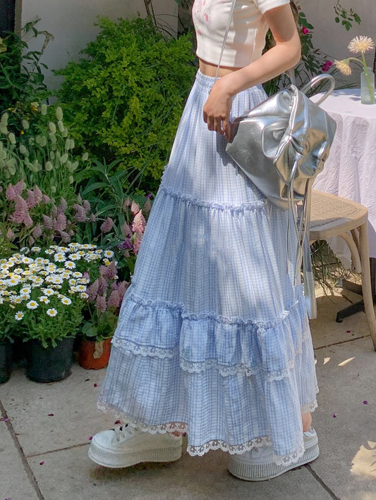ブルーホワイトの伸縮性ウエスト、レーストリム、チェック柄スカート、コテージコア