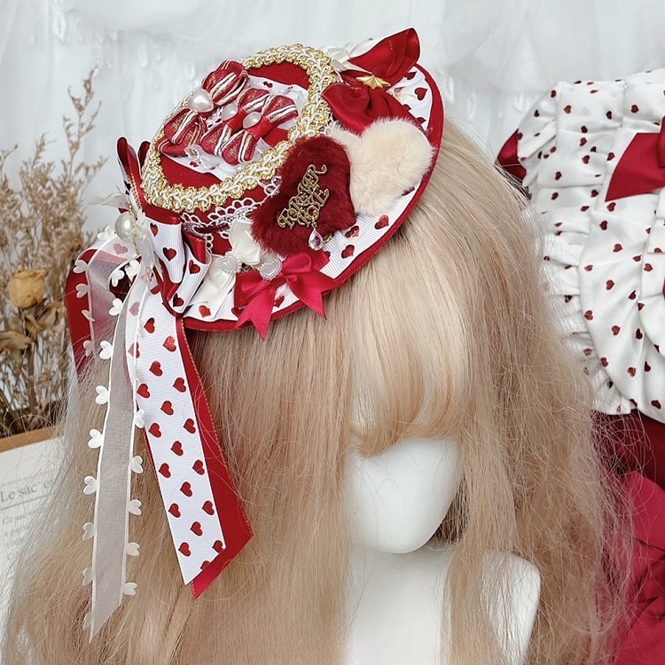 Hat Details Bowknot Design Sweet Lolita RedWhite Beaded Decorated Heart Mini