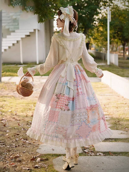 Cottagecore Patchwork Print Sweet Lolita Skirt with Detachable Straps Long Version