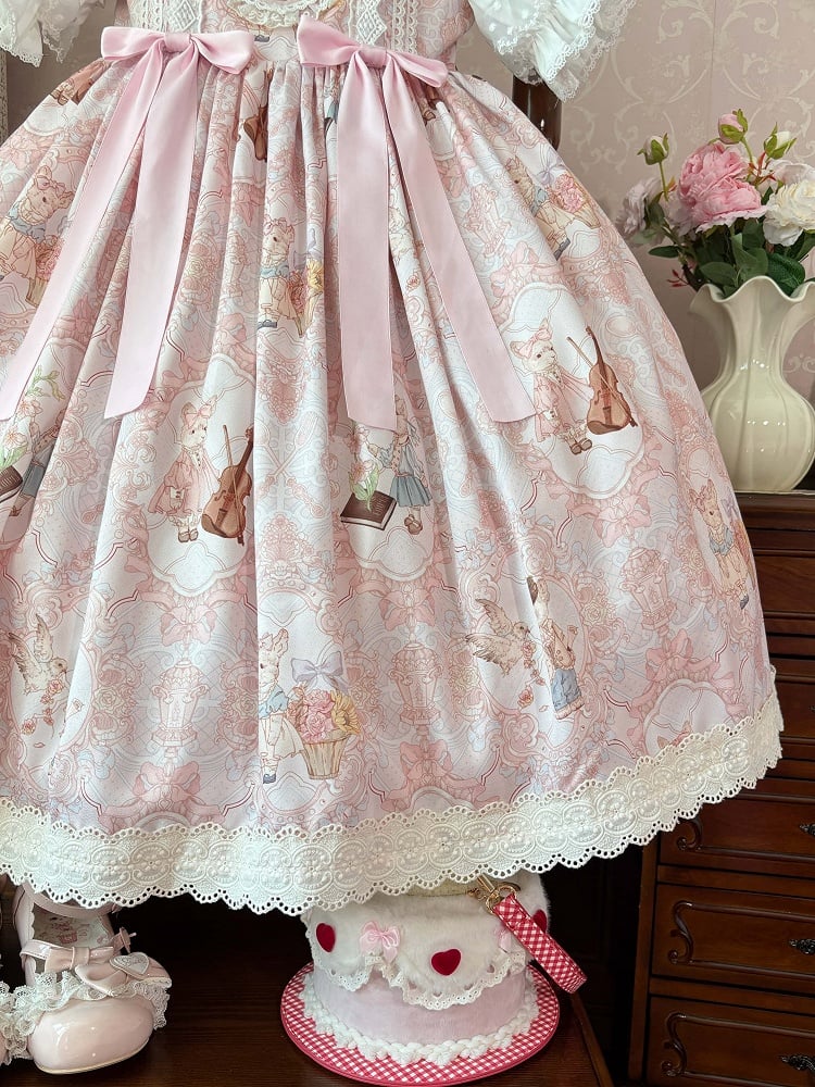 and Print JSK Dress Bunny Pink High Lolita Waist Sweet Violin