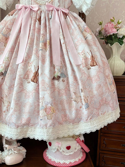 and Print JSK Dress Bunny Pink High Lolita Waist Sweet Violin