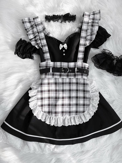 Set Black Piece + One Shoulder Plaid Cutout Apron Maid Lolita