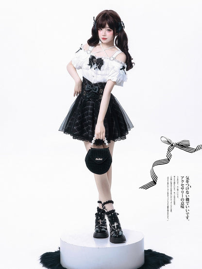 Black Bowknots White Off-the-shoulder Neckline Top Jirai Kei Style with