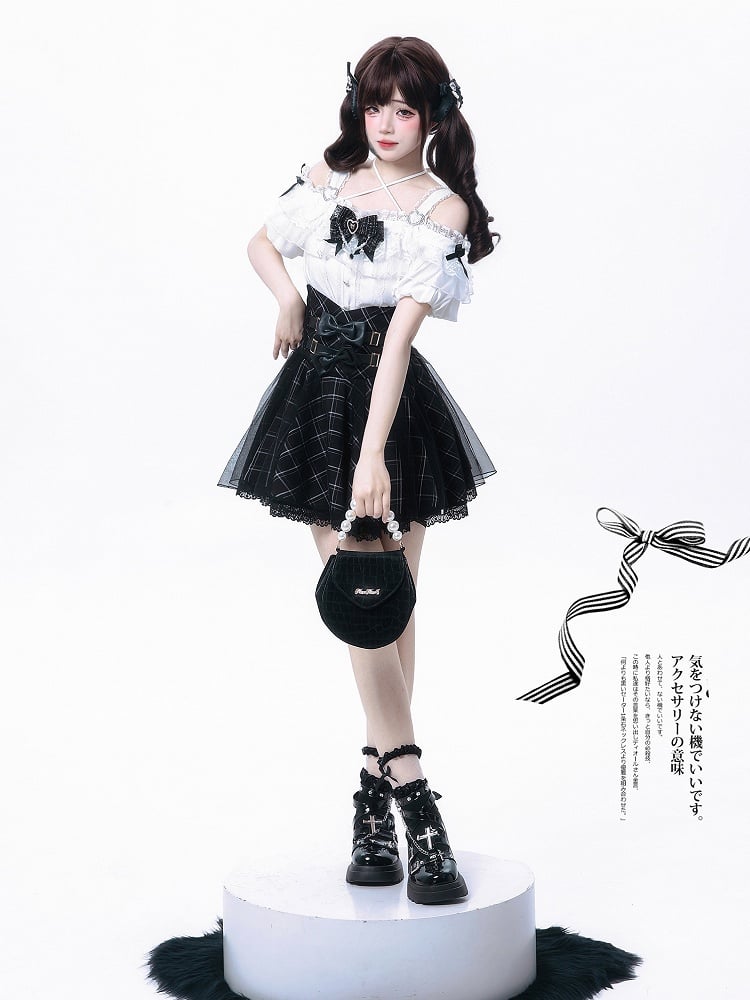 Bow Black Dual Skirt Jirai with Overlay Accents Plaid Layered High Waist Kei