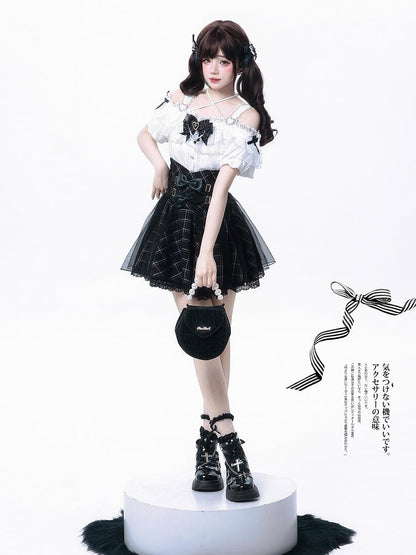 Bow Black Dual Skirt Jirai with Overlay Accents Plaid Layered High Waist Kei