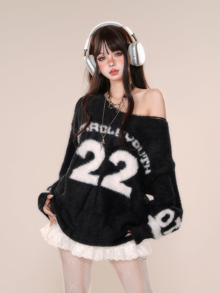 Core Clearance-Size Blokette Bust Mohair Pullover Asymmetrisches Schwarzes Muster für M Nummer 61CM Ausschnitt