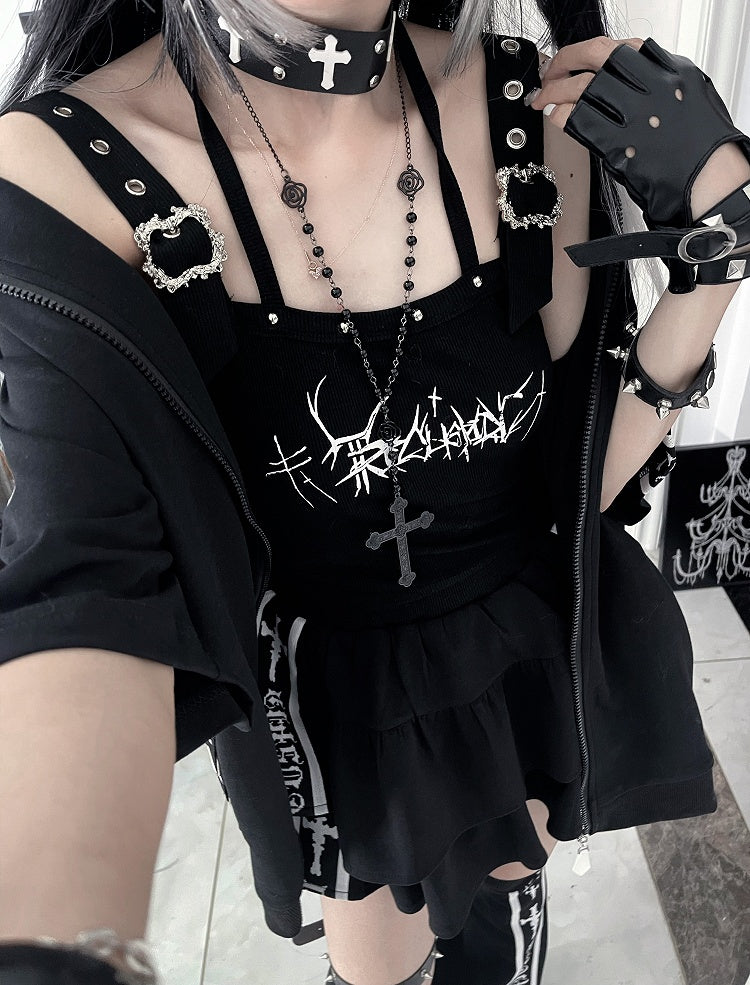 White Jacket Punk Short Sleeve Zip-Up Striped with Cross Sleeves Black Print