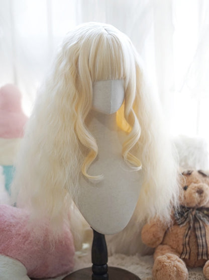 Hellblond/Milchweiß/Orange/Rot, lange, gewellte Perücke mit vollem Pony