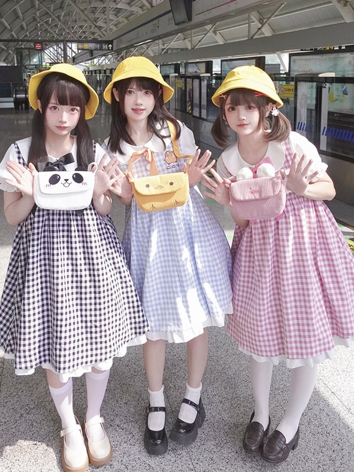 Blue Little Chicken Peter Pan Collar Plaid Short Puff Sleeves Dress